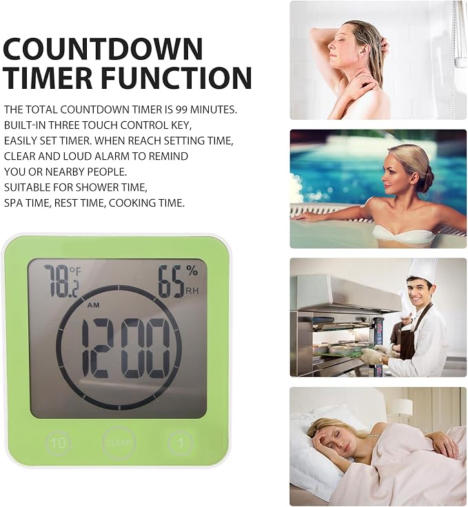 Digital Bathroom Shower Wall Clock Timer, LCD Digital Wall Clock with Suction Waterproof Temperature Humidity Gauge, Touch Screen Timer, Large Countdown Visual Timers Hanging Wall Clock (Green)