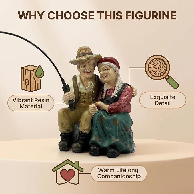 Romantic Older Couple Fishing Statue Outdoor Garden Koi Pond Decoration, Elderly Lover Fisher Figurine for Patio, Lawn & Yard Decor, Resin Garden Ornament, Old Couple Fishing Sculpture