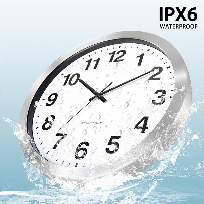 Caysie 16 Inch Sealed Indoor Outdoor Clocks Waterproof, Silent Battery Operated Quartz Metal Wall Clock for Patio Pool Bathroom Home (Silver)