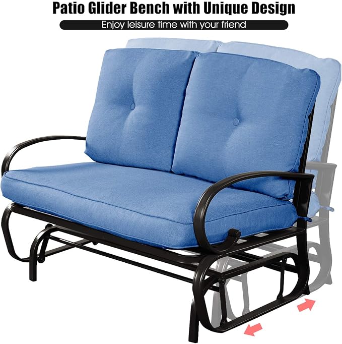 Giantex Outdoor Glider Bench, Patio 2 Person Loveseat with Removable Cushion, Padded Seat, Stable Steel Frame, Outside Glider Swing Chair for Deck, Poolside, Backyard, Balcony, Porch Glider(Navy)