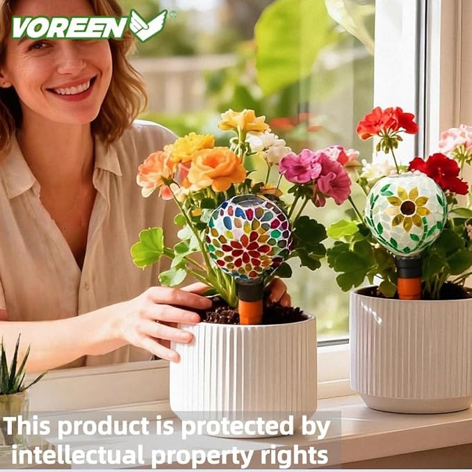 VOREEN Mosaic Plant Watering Globes with Terracotta Watering Spikes, 17oz Glass Self Watering Globes for Indoor & Outdoor Potted Plants, Decorative Water Drippers, Set of 2