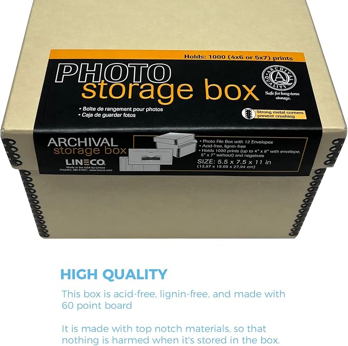 Lineco 4x6 Photo Storage Box, with 12 Acid-Free Envelopes, 5.5x7.5x11, Tan | Holds Up to 1000 3.5" x 5", or 4" x 6" Pictures, Metal Edge, Archival Organizer for Cards, Prints, Stickers, Stamps, Seeds
