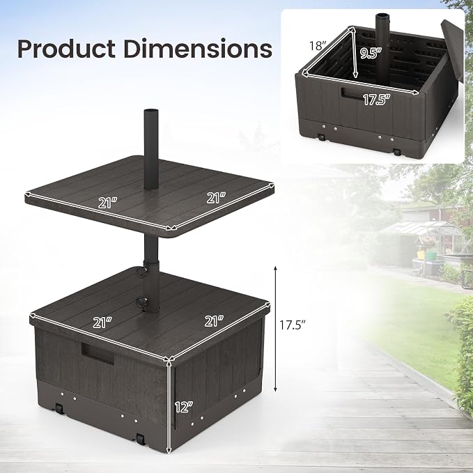 Tangkula 3-in-1 Patio Umbrella Base, 175 LBS Moveable Umbrella Stand w/Table Tray & Weighted Bag, Side Handles, HDPE Frame, 2 Pole Adapters, Garden Coffee Table Planter Box (Brown)