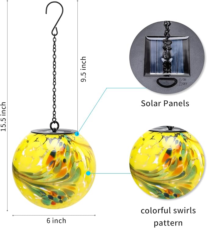 VCUTEKA Glass Solar Lanterns Outdoor Yellow Hanging Solar Light for Outside | Solar Lanterns Outdoor Waterproof with Hook, Energy-Efficient LED White Glass Gazing Ball Lights for Garden, Yard Decor