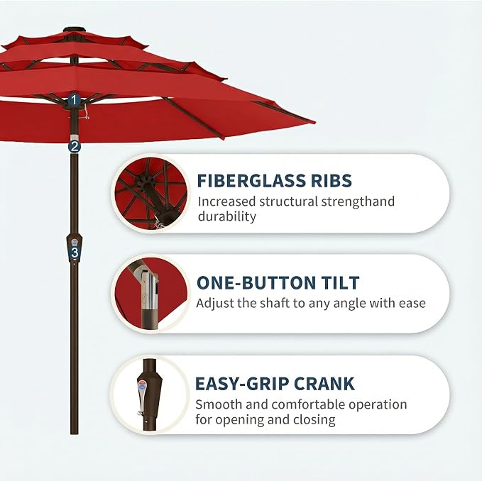PatioKingdom 9ft 3-Tier Patio Market Umbrella with Crank/Tilt, Commercial Heavy Duty Wind Proof,Outdoor Table Umbrella with 8 Fiberglass Ribs,UPF50+ for Deck,Pool,Garden,Backyard (Red)