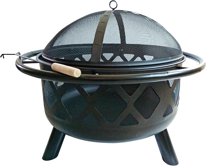 Teamson Home Round Steel Outdoor Fire Pit Outside Wood Burning Firepit Bonfire with Firebowl, Poker, Mesh Screen for Patio Garden Backyard BBQ, 30 Inch, Black | Wood Burning, Includes Firebowl, Poker, Mesh Screen, For Patio Garden Backyard BBQ