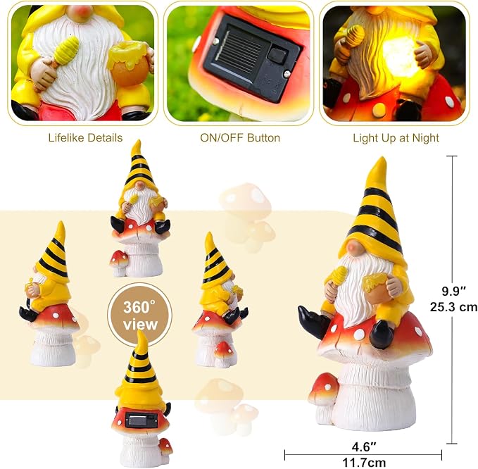 Solar Gnome on Mushroom Decor for Yard Decorations | 10 Inch Gnome Statue Decor for Outdoor,Perfect Garden Gifts for Women,Mom