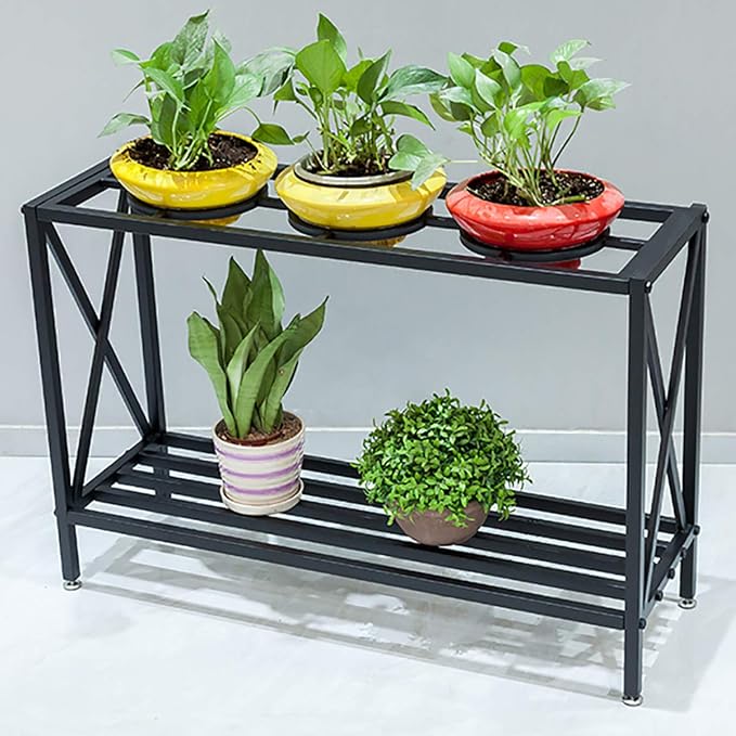 2-Tier Iron Pot Shelves, Plant Stand, Plant Shelf Holder, Flower Display Storage Rack for Outdoor, Indoor, Balcony 35.4’’ x 11.8’’ x 23.6’’