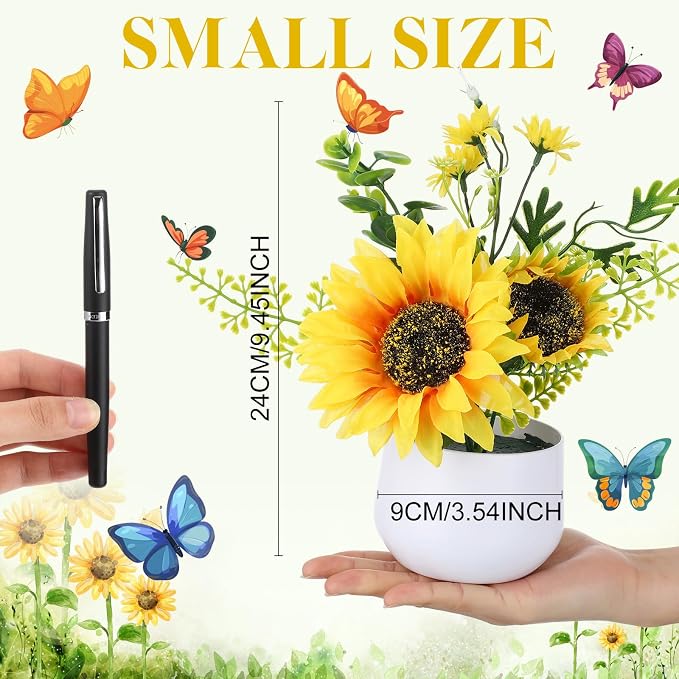Zeyune 8 Pcs Sunflower Potted Plants Rustic Summer Spring Kitchen Wedding Table Centerpieces Silk Yellow Fake Flower with Plastic Pot for Home Bathroom Office (Classic,Sunflower)