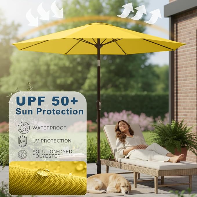 9' Solar LED Patio Umbrella with Tilt & Crank|8 Sturdy Ribs,UV Protection,Outdoor Market Table Umbrella for Deck,Lawn,Pool,Backyard(Yellow)