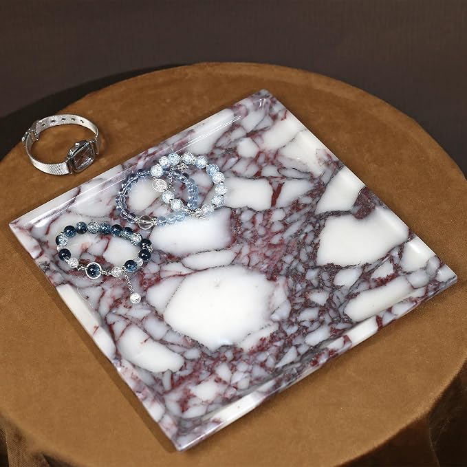 DUANYAN Natural Marble Tray, Coffee Table, Food, Fruit, Paper Cup, Cake Display, Coffee bar, Family Gatherings, Seasonal Holiday Decoration Tray(Viola-square-9.8"x9.8"x0.7")