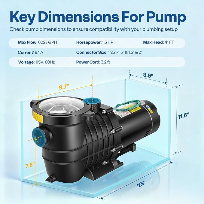 VIVOHOME 1.5 HP 6027 GPH Powerful Copper Motor Self-priming 115V Swimming Pool Pump w/ON/OFF Switch 1.25'' & 1.5" & 2.0'' Unions Energy Saving w/Strainer Basket