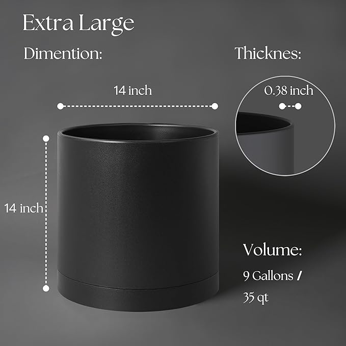 Giraffe Creation 14 Inch Cylinder Plant Pot, Modern Round Planter with Drainage Holes and Saucer, Durable Plastic Flower Pot for Indoor Outdoor Plants, Black