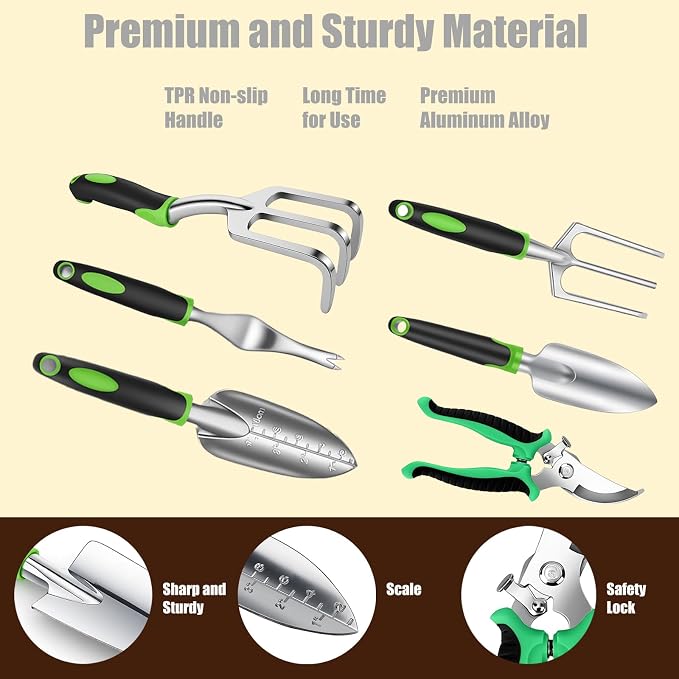 13-Piece Gardening Tool Set with Stylish Portable Storage Bag and Apron, Heavy-Duty Tools for Women's Everyday Gardening Use, Green