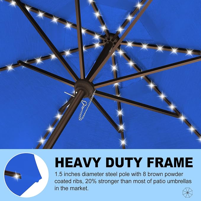 Eurmax USA 10-Year-Non-Fading 10FT Outdoor Patio Market Umbrella with LED Lights,UPF50+ UV Resistant,Heavy Duty Commercial Grade,Crank Lift Design,Windproof Vented Top for Garden,Pool,Deck,Pacific Blue