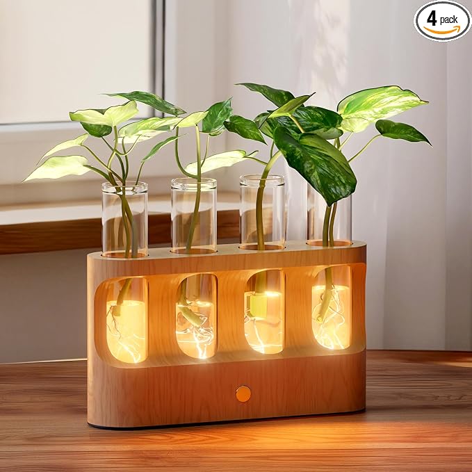 Rechargeable Plant Propagation Station with Stepless Dimming LED Light, Wooden Stand, 4 Glass Test Tubes, Home Decor for Hydroponic Plants, Unique Gifts for Women & Plant Lovers