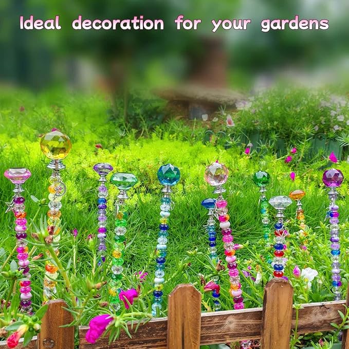 290Pcs Beaded Garden Stakes Kit - DIY Fairy Wand Garden Stake Beads Kit with 240 Colorful Large Hole Beads, Fairy Garden Accessories Outdoor for Different Festivals (6Diamonds & 6Balls)