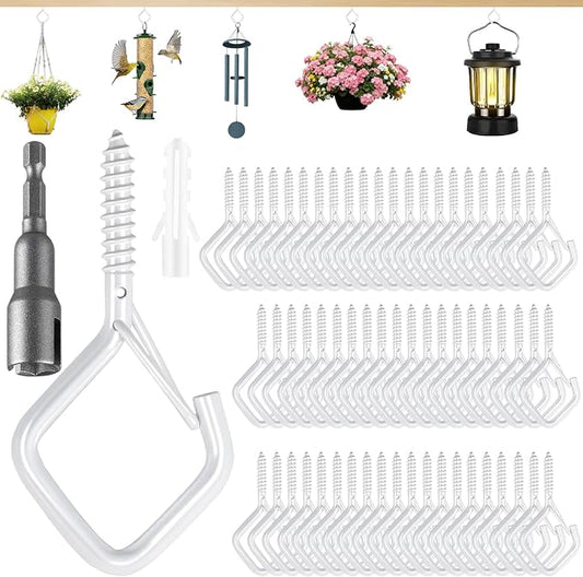 62 PCS Metal White Eye Screw Hooks for Hanging Heavy Duty.Windproof Ceiling Hooks for Hanging Plants,Cup,Wind Chime,Bird Feeders,Christmas String Lights at Indoor&Outdoor 2.2 Inch