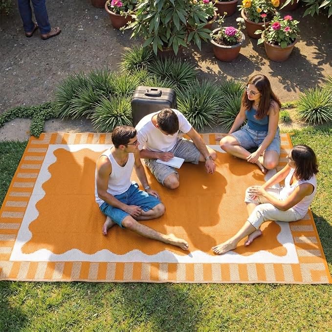 Garvee Large Waterproof Outdoor Rug 8x10 Outdoor Patio Rug, Modern Scalloped Reversible Plastic Straw Camping Rugs, Bordered Outside Carpet for Picnic Backyard Deck Balcony Trailer, Orange