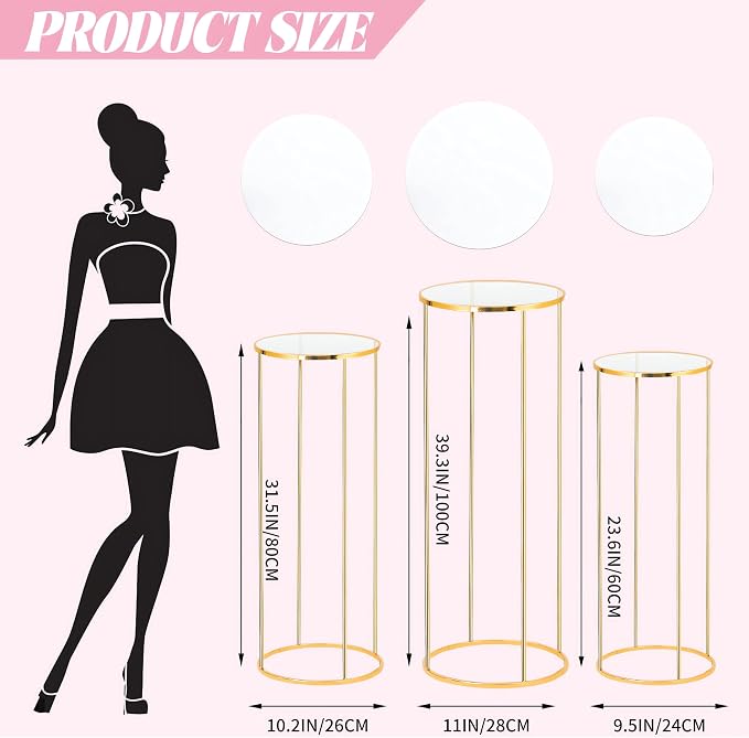 3PCS Cylinder Pedestal Stands for Parties, Gold Metal Plant Round Cylinder Stands for Party Flowers, Display Columns Pedestal Stand Cylinder Tables for Vases Birthday Party Backdrop Decorations