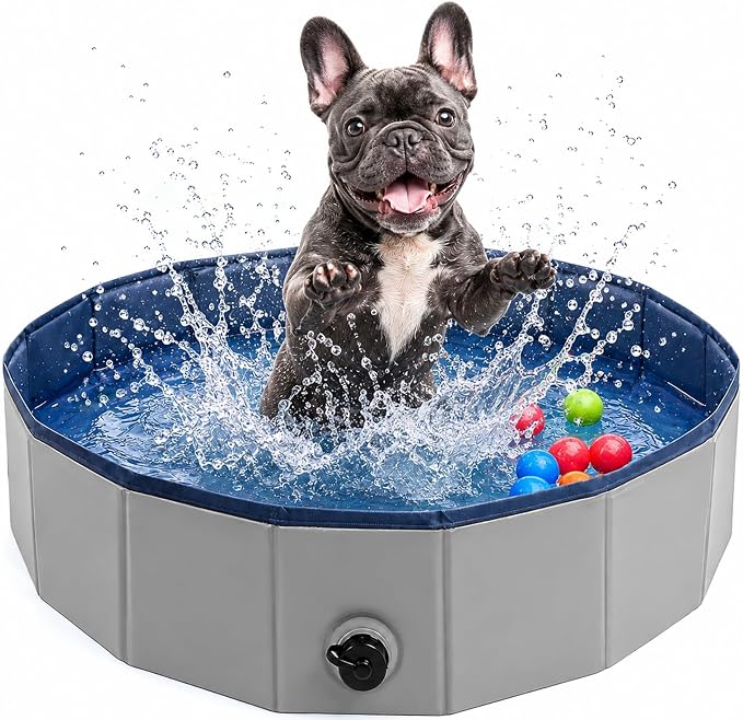 Eooqi Foldable Dog Pool, Collapsible Pet Bath Tub & Kiddie Wading Pool | Portable Hard-Side Dog Swimming Pool for Puppies, Small & Medium Dogs, Cats and Kids (Gray, 32"-S)