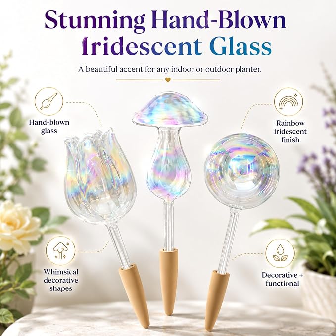 HyJeryty Non-Clogging Iridescent 3 Pack Mushroom Plant Watering Globes with Terracotta Spikes, Hand Blown Glass Self Watering Planter Insert Plant Watering Devices Bulbs for Indoor and Outdoor Plants