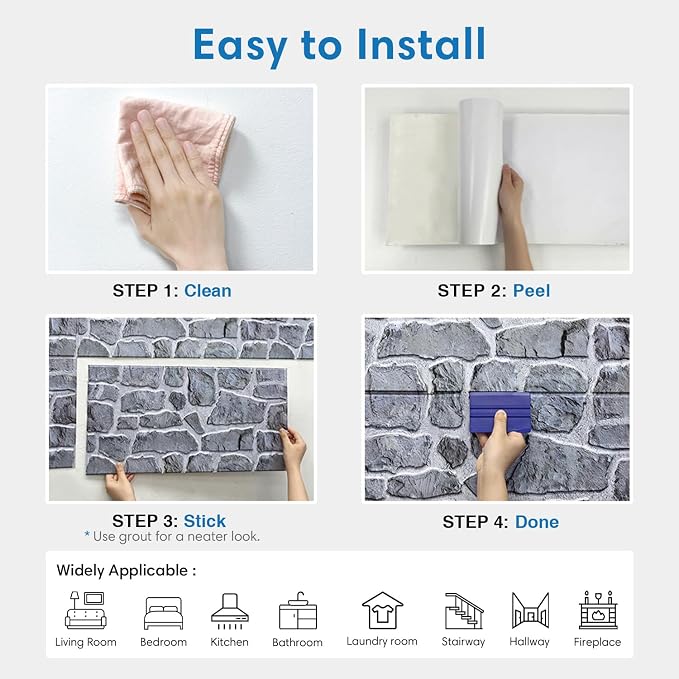 COMSTICKC 3D Gray Stone Wall Panel Peel and Stick,12 Pcs of 22.8" x 11.8", DIY Lightweight PVC Stone Brick Self Adhesive Decorative Tiles Backsplash Interior Decor, Paintable, Covers 22.48 sq.ft