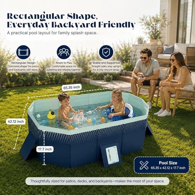65.35-Inch Foldable Swimming Pool, Blue Non-Inflatable Rectangular Pool for 1-2 People, 4-Layer Composite PVC, Aluminum Alloy Frame, Dual Drains for Backyard Fun