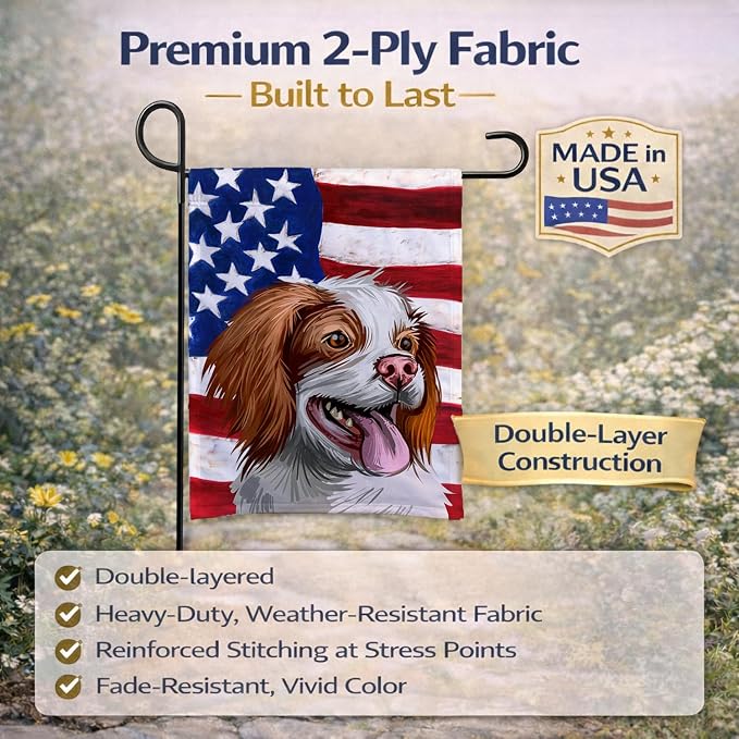 Caroline's Treasures CK6529GF French Brittany Dog American Flag Garden Flag Mailbox Flag Decorative Yard Flag Banner Outside Patio Artwork Yard Flower Beds, Garden Size, Multicolor