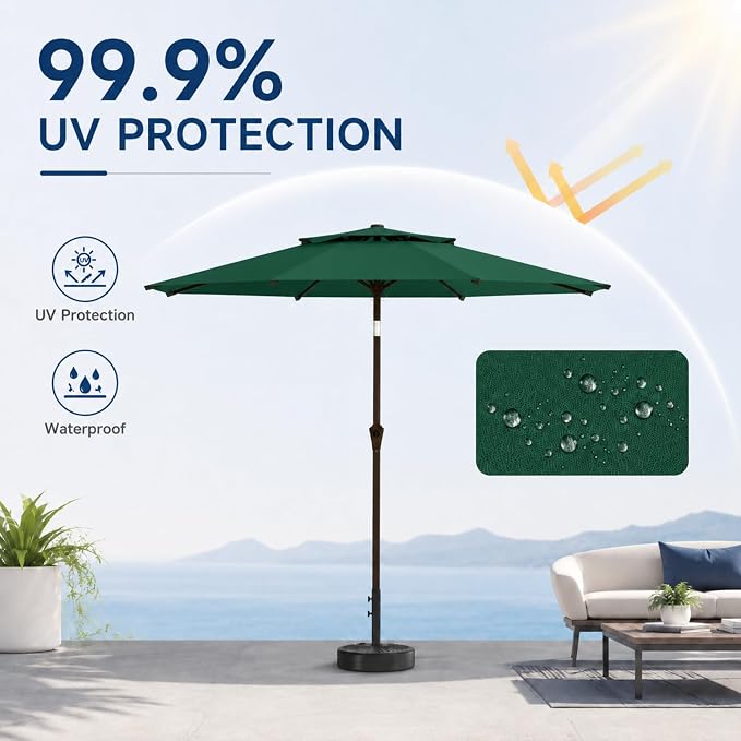 10FT Patio Umbrella, 2 Tier Outdoor Table Umbrella, Large Vented Market Umbrellas with Push Button Tilt and Crank, 8 Sturdy Ribs for Backyard, Deck, Pool, UPF50+ UV Protection