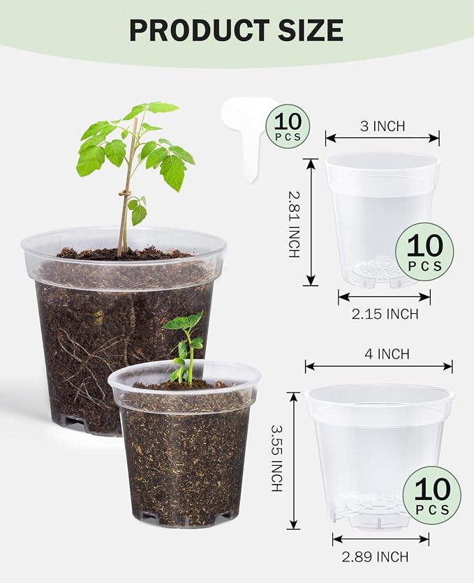 homenote Clear Nursery Pots for Plants,3/4 Inch Plant Pot for Planting Plastic Seedling with Drainage Holes Seed Starter Flower High Transparency with 10 Labels (20 Pack)
