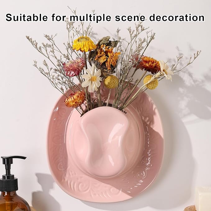 Hanging Wall Planters for Indoor Plants, Wall Vases for Flowers, Ceramic Cowboy Hat Vases for Decor, for Bathroom, Living Room, Office, and Home Decor.Light Pink Medium