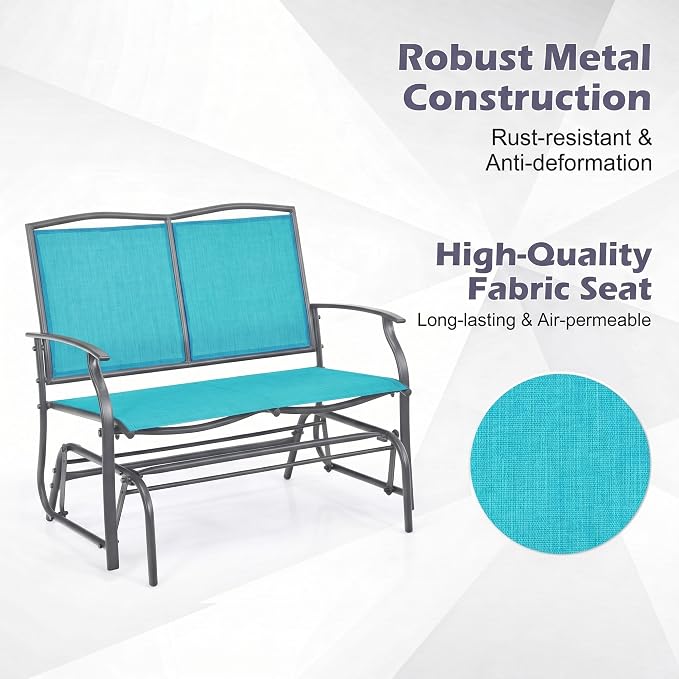 Tangkula 2-Person Patio Swing Glider Bench, Outdoor Rocker Glider Loveseat Chair W/Heavy-Duty Steel Frame, Breathable Seat Fabric, Rocking Lounge Chair for Poolside, Garden, Backyard (Turquoise)