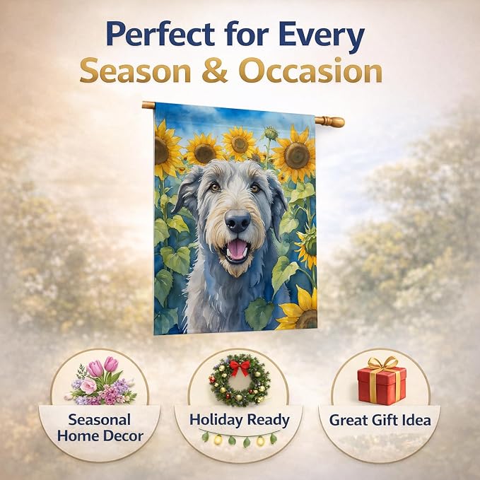 Caroline's Treasures DAC6100CHF Irish Wolfhound in Sunflowers House Flag Large Porch Sleeve Pole Decorative Outside Yard Banner Artwork Wall Hanging, Polyester, House Size, Multicolor