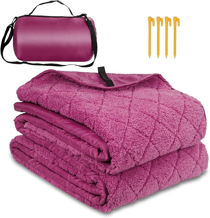 Waterproof Camping Blanket w/Sherpa Lining, Large Stadium Blankets for Outdoor Cold Weather, Windproof Emergency Throw, LightWeight and Warm for Hiking, Dog, Picnic, Washable, 55”X 82” (Purple, 1PCS)