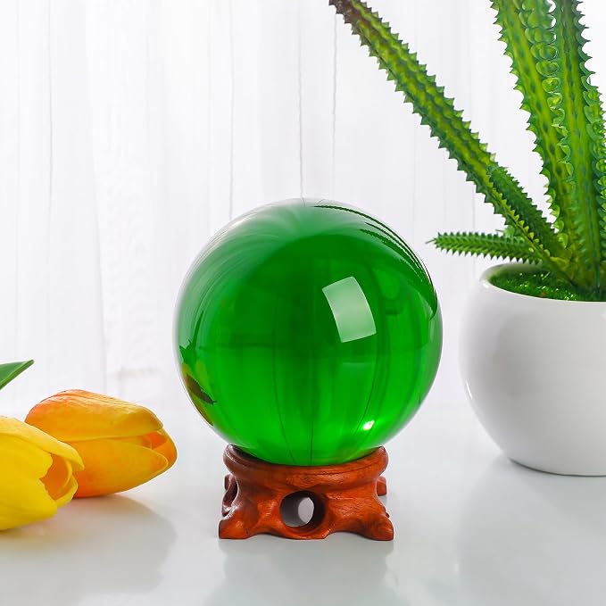 Green Crystal Ball 80mm/3.1 inch with Rose Wooden Stand and Gift Box for lensball Photography,Fortune Teller,Feng Shui, Witchcraft Decor,Scrying,Magic,Quartz Crystal Orb Prop Decorative Glass Sphere