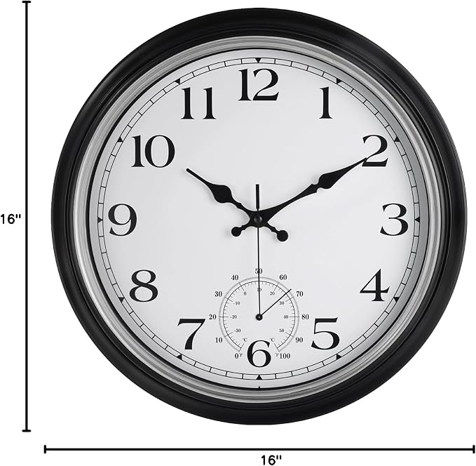 JoFomp Large Waterproof Outdoor Clock with Thermometer Combo - 16 inch Silent Non Ticking Quartz Battery Operated Wall Clock for Patio, Home, Pool, Garden, Porch, Deck (Silver, 16 Inch)