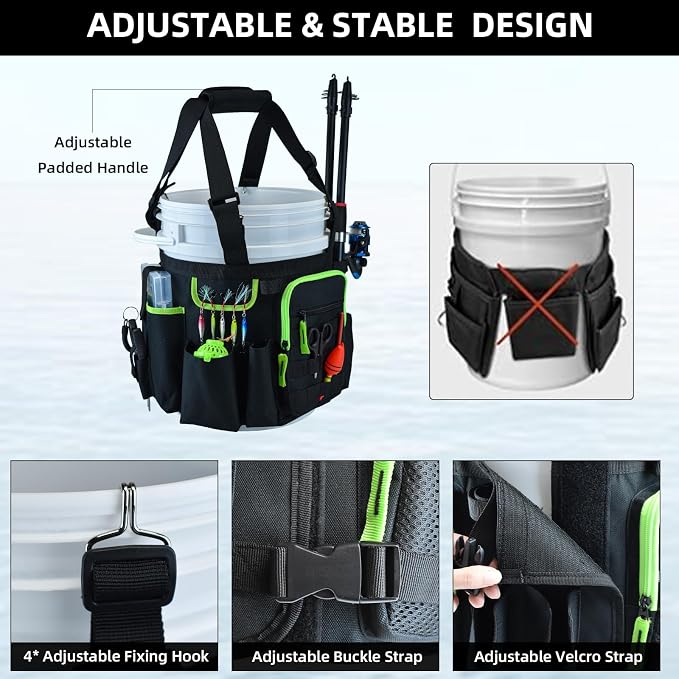 AUMTISC 5 Gallon Bucket Fishing Organizer, Waterproof Ice Fishing Bucket Tool Bag with Rod and Tackle Boxes Holder, Multi-Pocket Tool Caddy Bags for Fishing Gear and Equipment