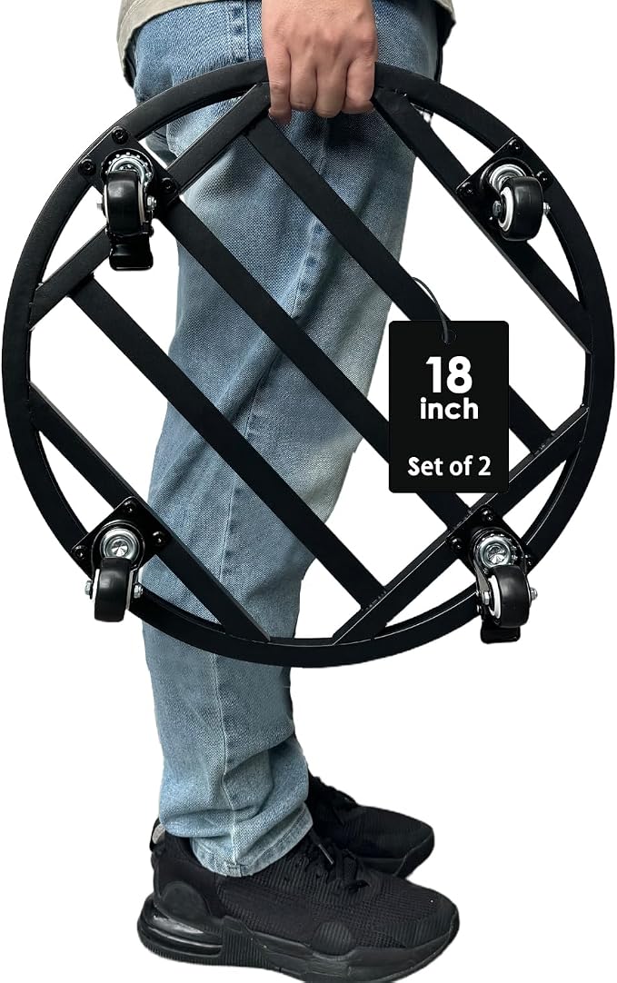 18" Round Plant Stand with Wheels Heavy Duty,Large Metal Plant Caddy Indoor Outdoor Use,Rolling Plant Dolly with Industrial Casters,Rust-Proof Black Plant Tray for Large Planters Pots,2-Pack