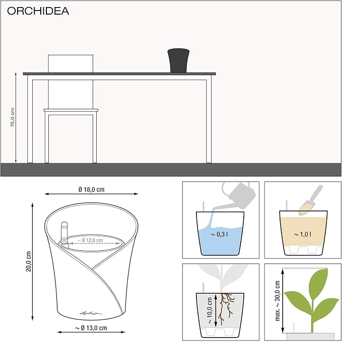 Lechuza ORCHIDEA White Matt, Self-Watering Orchid Flower Pot, D7.1 H7.7 in