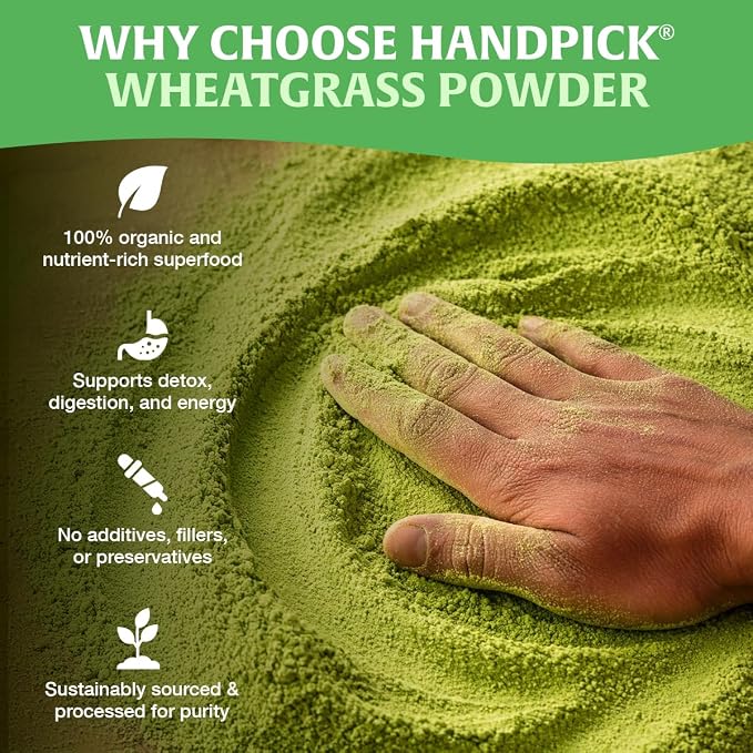 HANDPICK USDA Organic Wheatgrass Powder (10oz) Rich Green Powder - Lab Tested | 100% Whole Leaf | Gluten Free, Non-GMO | No Sugar, No Artificial Ingredients | Resealable Pouch (Packaging may vary)
