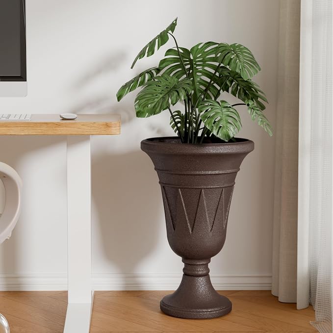 Tall Urn Planters for Outdoor Plants Set of 2-23.6" H Vintage Trophy Design Outdoor Planters for Porch Decor with Drainage Hole, Indoor Large Flower Pots, Pedestal Planter/Garden Vase, Brown
