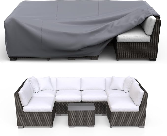 Patio Furniture Set Cover Waterproof, Heavy Duty 600D Funiture Covers for Outdoor Sectional Sofa Set Wicker Rattan Table Chair Rectangular,128" L×83" W×28" H,Grey