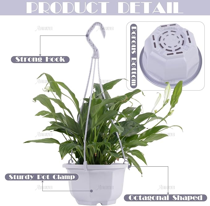 AUEAR, 50 Pack Plastic Plant Hangers Hanging Flower Planter Containers with Drainage Holes and Hooks for Outdoor Indoor White