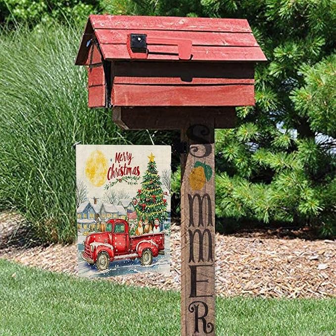 EMMTEEY Truck Garden Flag Red Truck with Christmas Tree House Burlap Garden Flags 12.5X18 Small Christmas Flag Double Sided Winter Garden Flags for Outside Outdoor Garden Flags for Winter Decoration
