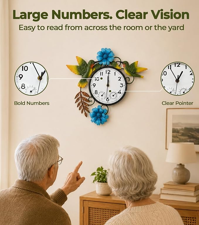 Outdoor Clock with Thermometer and Hygrometer Combo | Silent Non-Ticking Outside Clocks for Patio Waterproof, Metal Decorative Wall Clock for Living Room, Blue Daisy & Hummingbird