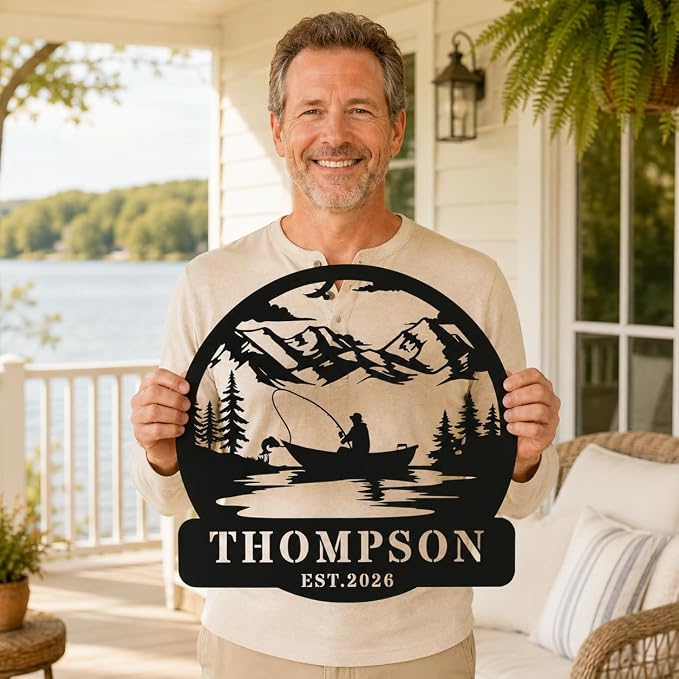 Personalized Fishing Metal Sign with Name, Custom Fisherman Wall Art for Lake House Cabin Man Cave Decor, Outdoor Iron Fishing Pole Plaque, Angler Gift for Dad