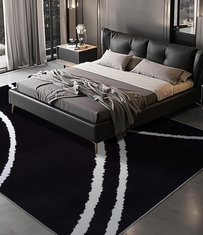 Black Modern Area Rug 5x7,Abstract Rugs for Bedroom,Minimalist Striped Rug,Black and White Geometric Rug,Dark Washable Area Rugs 5x7 Non Slip Throw Rugs for Bedroom，Office