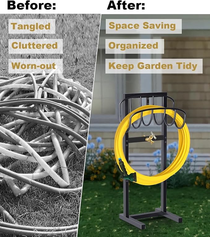 Artigarden Outdoor Garden Hose Holder Freestanding with Brass Faucet And 4 Spikes, Heavy Duty Metal Water Hose Reel Stand Hanger Rack Organizer Holds Storage 150ft Hose for Outside Yard Lawn, Black