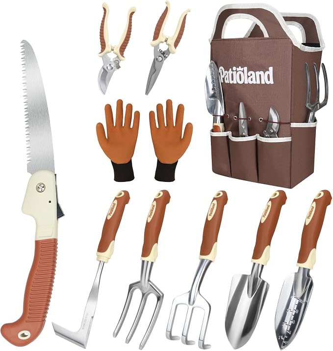 10-Piece Brown Garden Tool Set, Patioland Aluminum Gardening Hand Tools Kit W/Ergonomic Non-Slip Handles,Organizer Tote Bag, Apron, Gloves,Complete Starter Garden Supplies Gardener Gift for Women Men